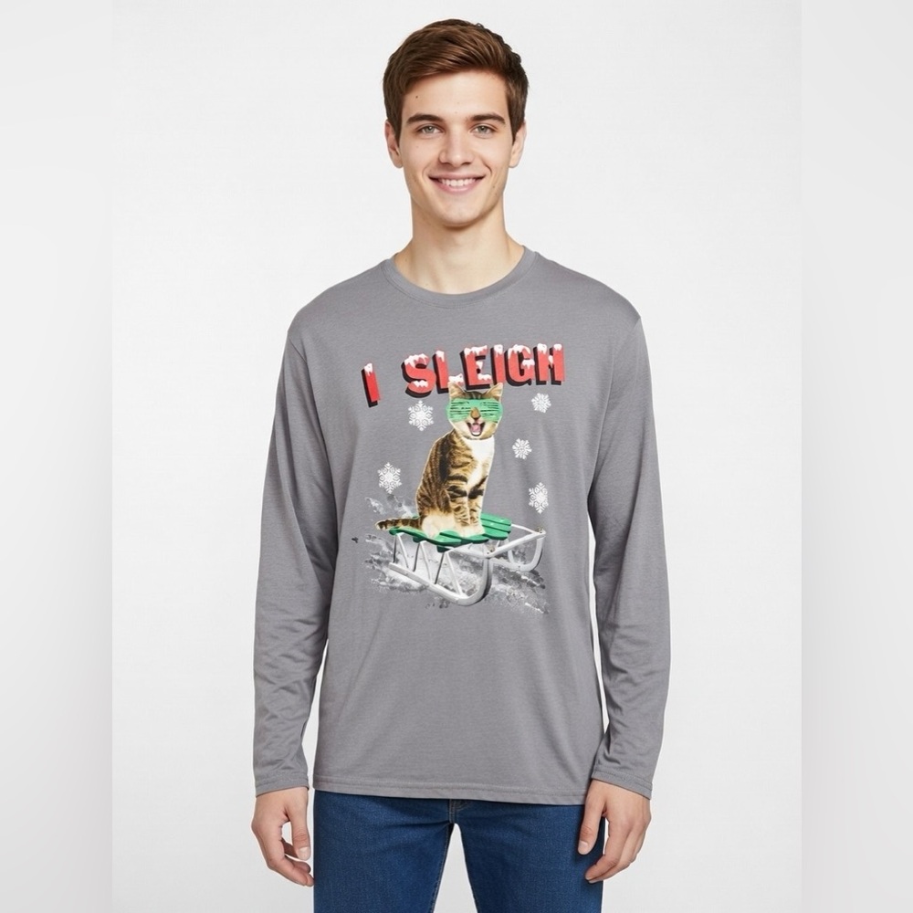 Gray Long Sleeve Cat Graphic Shirt